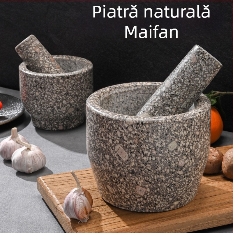 Presă de usturoi din piatră Maifan naturală pentru uz casnic, mojar și râșniță de piatră pentru usturoi, curățător de usturoi