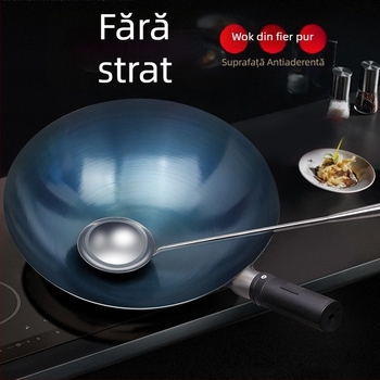 Wok din fontă tradițional pentru uz casnic, fără strat, potrivit pentru aragaz pe gaz, ușor, cu fund rotund.