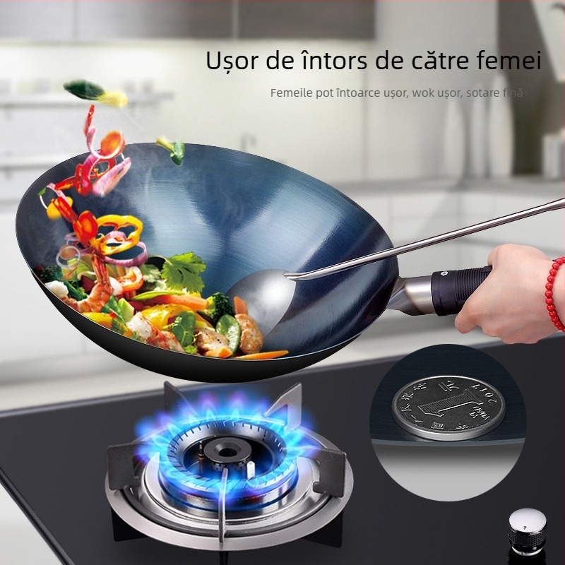 Wok din fontă tradițional pentru uz casnic, fără strat, potrivit pentru aragaz pe gaz, ușor, cu fund rotund.
