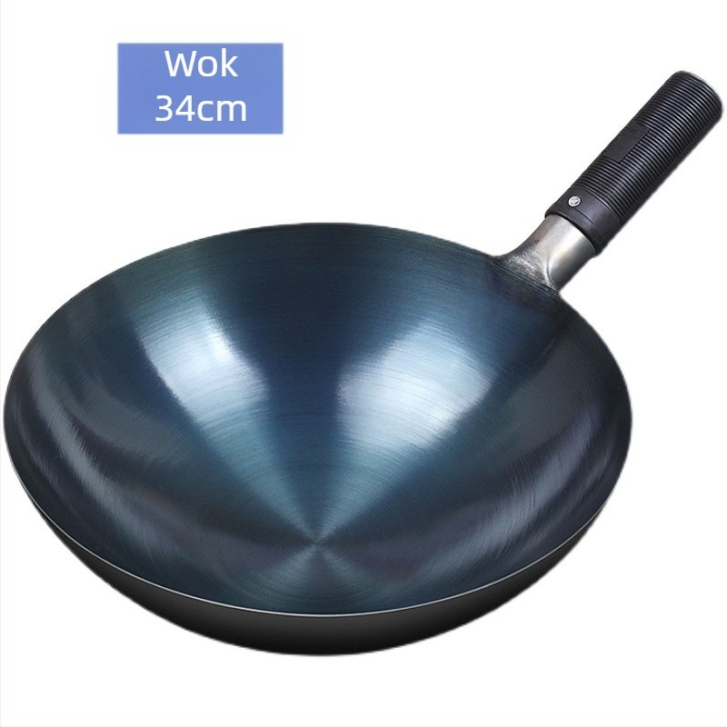 Wok din fontă tradițional pentru uz casnic, fără strat, potrivit pentru aragaz pe gaz, ușor, cu fund rotund.