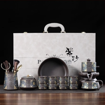 Set Gongfu de ceai cu ceainic din lut mov și moară de piatră, tavă de ceai din ceramică inclusă, design modern minimalist