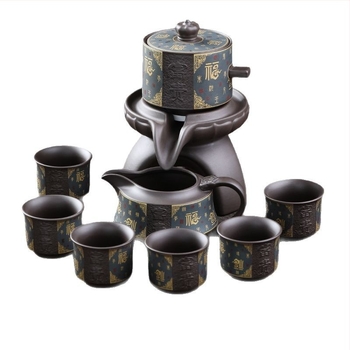 Set Gongfu de ceai cu ceainic din lut mov și moară de piatră, tavă de ceai din ceramică inclusă, design modern minimalist