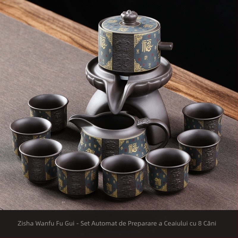 Set Gongfu de ceai cu ceainic din lut mov și moară de piatră, tavă de ceai din ceramică inclusă, design modern minimalist