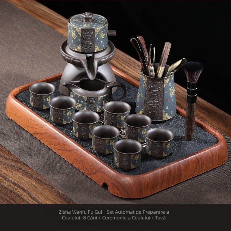 Set Gongfu de ceai cu ceainic din lut mov și moară de piatră, tavă de ceai din ceramică inclusă, design modern minimalist