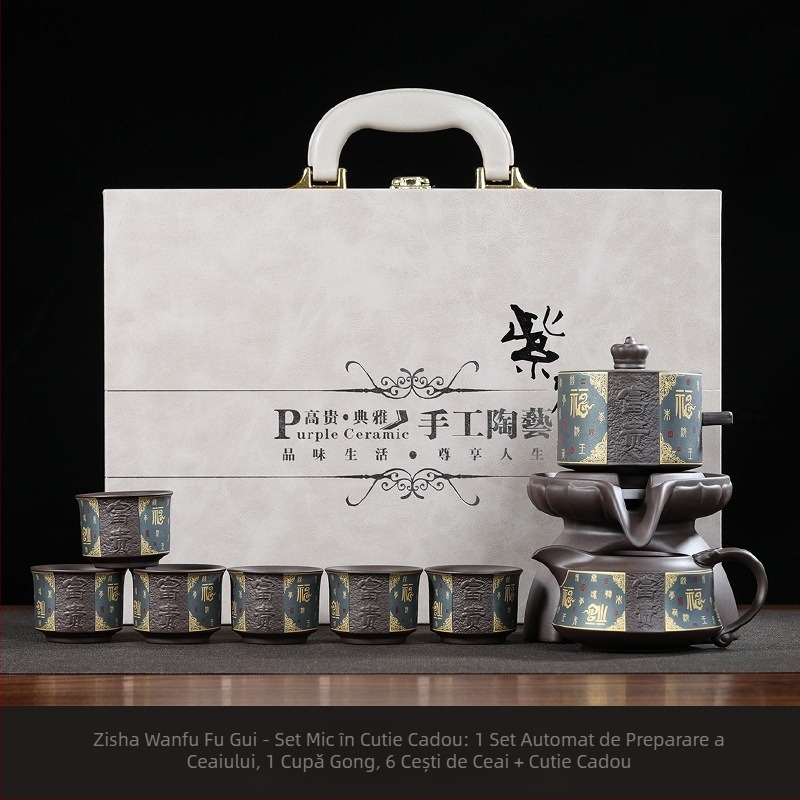 Set Gongfu de ceai cu ceainic din lut mov și moară de piatră, tavă de ceai din ceramică inclusă, design modern minimalist