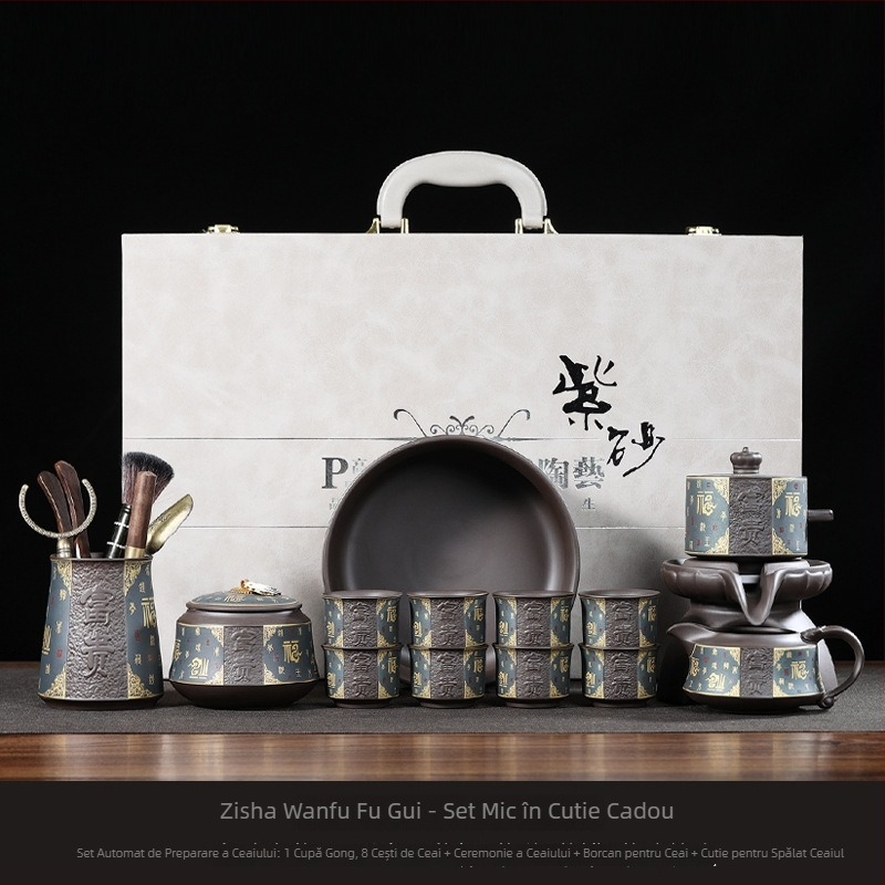 Set Gongfu de ceai cu ceainic din lut mov și moară de piatră, tavă de ceai din ceramică inclusă, design modern minimalist