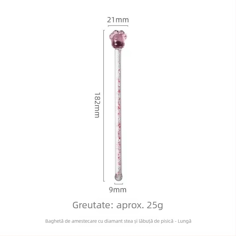 Baghetă de amestecare din sticlă transparentă, cu accente de cristale, motiv cer înstelat, amprente de labă de pisică și flor i sakură — accesoriu pentru ceașcă