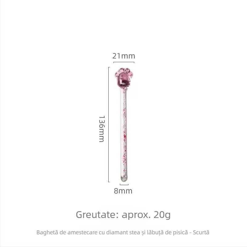 Baghetă de amestecare din sticlă transparentă, cu accente de cristale, motiv cer înstelat, amprente de labă de pisică și flor i sakură — accesoriu pentru ceașcă