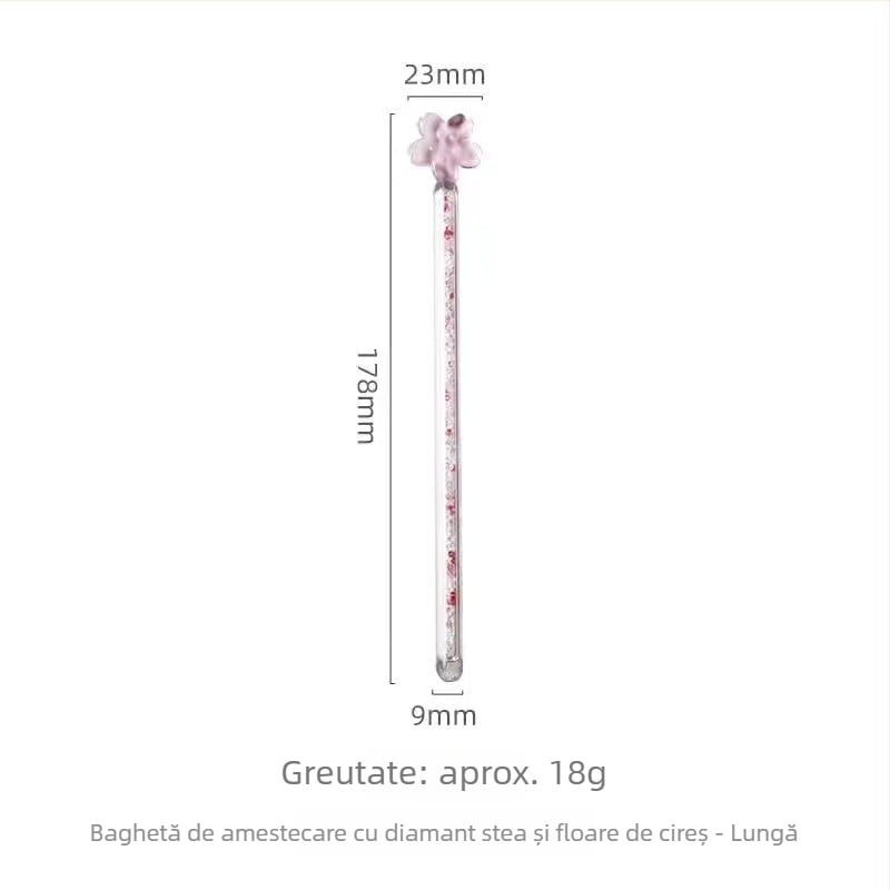 Baghetă de amestecare din sticlă transparentă, cu accente de cristale, motiv cer înstelat, amprente de labă de pisică și flor i sakură — accesoriu pentru ceașcă