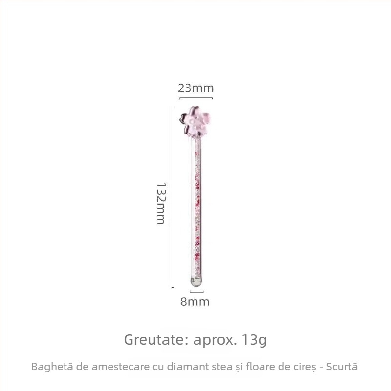 Baghetă de amestecare din sticlă transparentă, cu accente de cristale, motiv cer înstelat, amprente de labă de pisică și flor i sakură — accesoriu pentru ceașcă