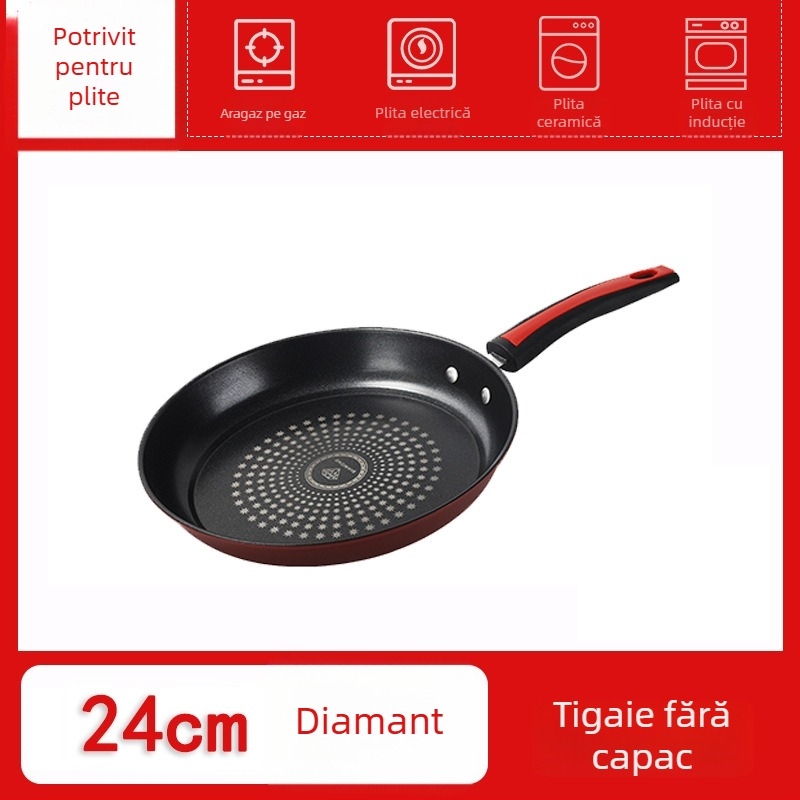 Tigaie din fontă, cu strat antiaderent, fund plat și dublu, compatibilă cu majoritatea plitelor