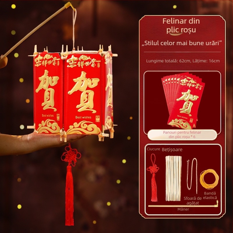 Kit DIY Felinar 2026 – felinar cu plic roșu pentru binecuvântare și bucurie, luminescent, în stil chinezesc