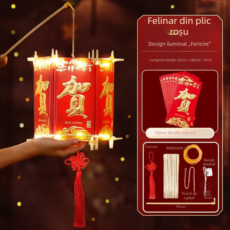 Kit DIY Felinar 2026 – felinar cu plic roșu pentru binecuvântare și bucurie, luminescent, în stil chinezesc