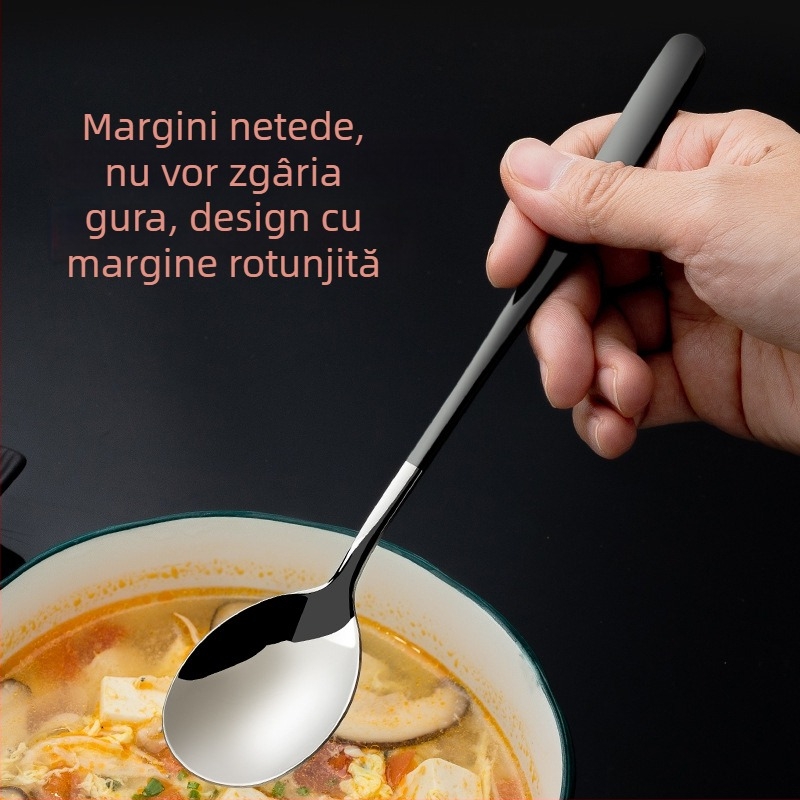 Lingură din oțel inoxidabil 316, mâner lung, stil coreean, pentru supă, desert, gheață și amestecare (design îngroșat)