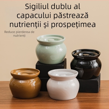 Oală ceramică pentru supă și tocană, porție individuală, cu capac, pentru gătirea la abur a ouălor