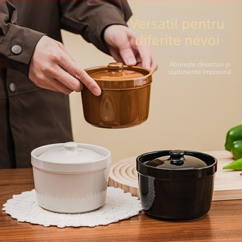 Oală ceramică pentru supă și tocană, porție individuală, cu capac, pentru gătirea la abur a ouălor