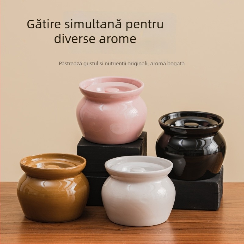 Oală ceramică pentru supă și tocană, porție individuală, cu capac, pentru gătirea la abur a ouălor