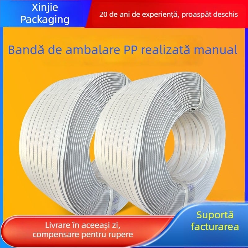 Bandă de ambalare PP albă, bandă de ambalaj din plastic cu topire la cald și cataramă, mașină de ambalare manuală, calitate industrială