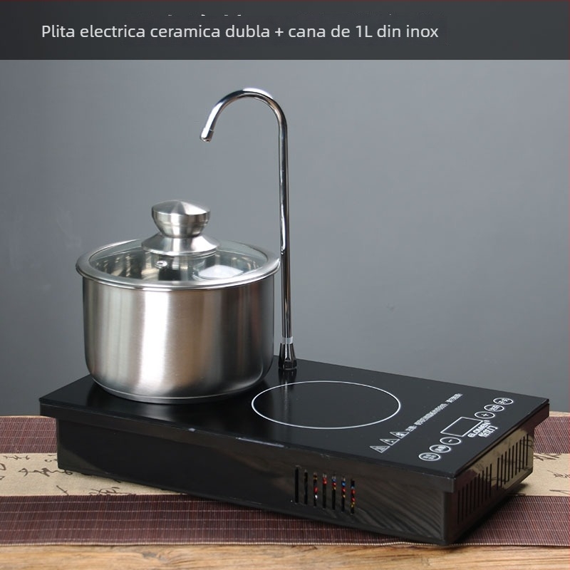 Plită încorporată cu două arzătoare din ceramică electrică, alimentare automată cu apă, ceainic din sticlă rezistent la temperaturi, tavă pentru ceai și măsuță de ceai