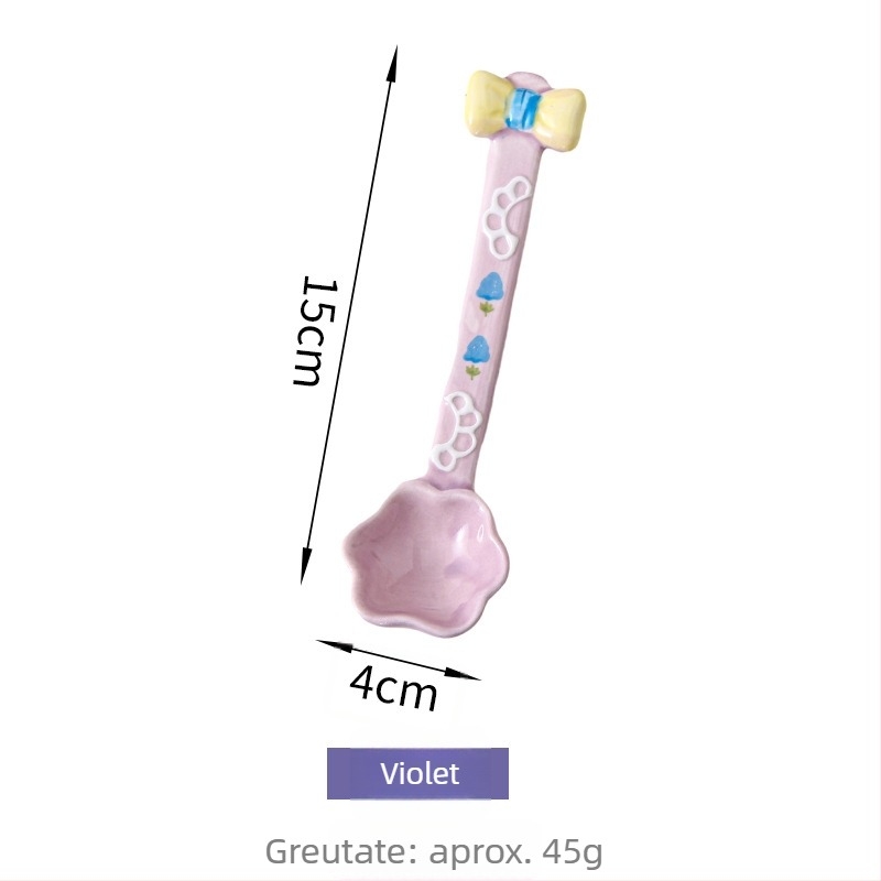 Lingură ceramică cu mâner lung, lingură de desert drăguță cu model floral, pentru cafea, înghețată și utilizare zilnică