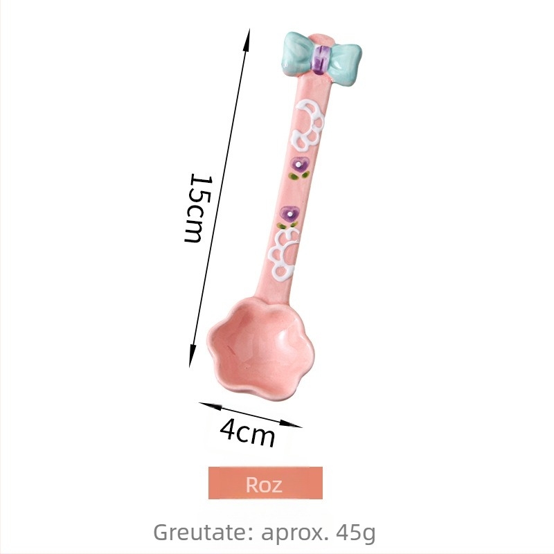 Lingură ceramică cu mâner lung, lingură de desert drăguță cu model floral, pentru cafea, înghețată și utilizare zilnică