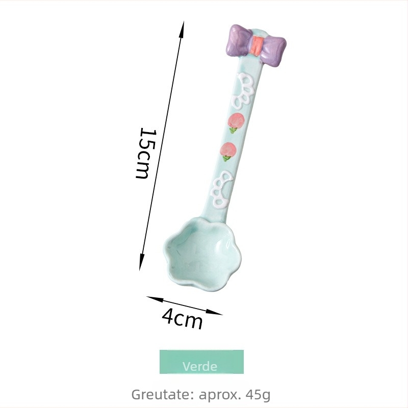 Lingură ceramică cu mâner lung, lingură de desert drăguță cu model floral, pentru cafea, înghețată și utilizare zilnică