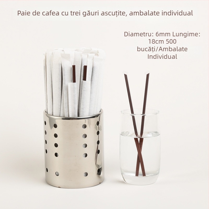 Paie de cafea de unică folosință, cu vârf ascuțit și trei găuri, ambalate individual, cu un băț de amestecare dur pentru ceai cu lapte și băuturi calde