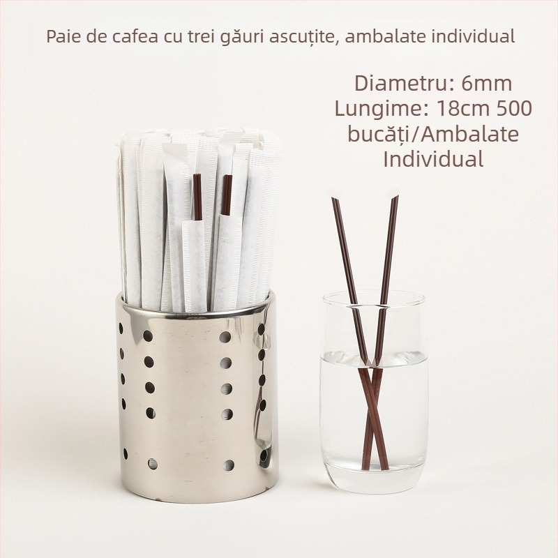 Paie de cafea de unică folosință, cu vârf ascuțit și trei găuri, ambalate individual, cu un băț de amestecare dur pentru ceai cu lapte și băuturi calde