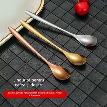 Lingură din oțel inoxidabil cu mâner lung, pentru cafea, deserturi, înghețată și salate