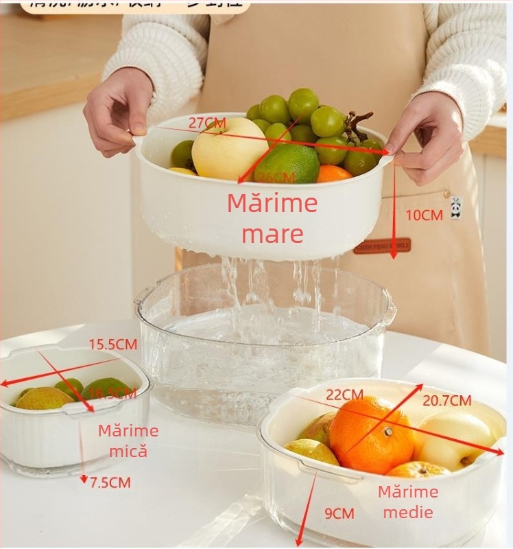 Coș de scurgere din plastic, set de trei piese pentru bucătărie, coș dublu etajat pentru fructe și legume