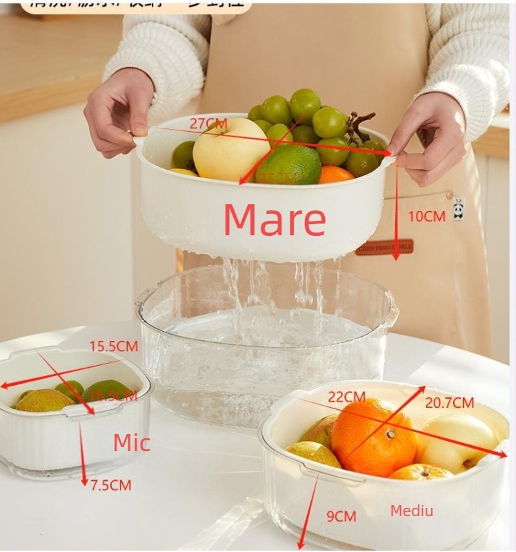 Coș de scurgere din plastic, set de trei piese pentru bucătărie, coș dublu etajat pentru fructe și legume