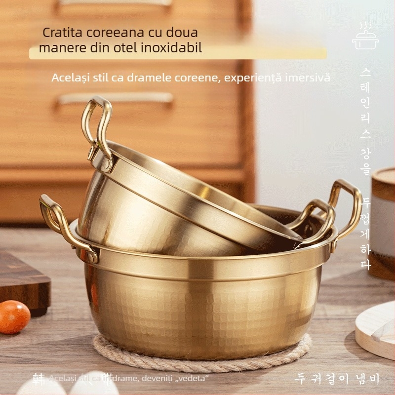 Oală de supă mini din oțel inoxidabil, stil coreean, cu capac, mânere duble, 2,1–4 L, oală Sukiyaki