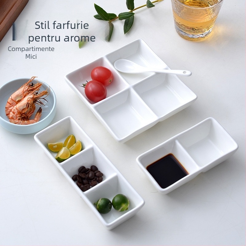 Farfurie divizată cu trei compartimente pentru sosuri și dipuri, potrivită pentru hot pot și grătar