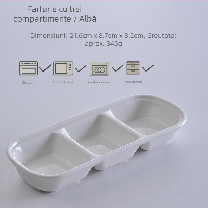Farfurie divizată cu trei compartimente pentru sosuri și dipuri, potrivită pentru hot pot și grătar