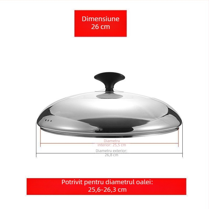 Capac de oală rotund universal din oțel inoxidabil, pentru oale cu fund plat, 16–40 cm