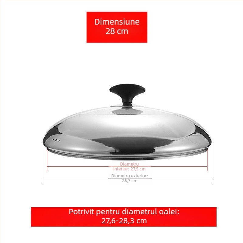 Capac de oală rotund universal din oțel inoxidabil, pentru oale cu fund plat, 16–40 cm