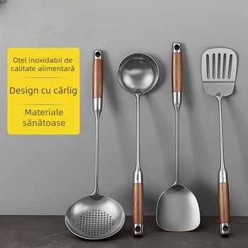 Spatulă din oțel inoxidabil cu mâner din lemn, set de ustensile de bucătărie: spatulă și lingură de supă