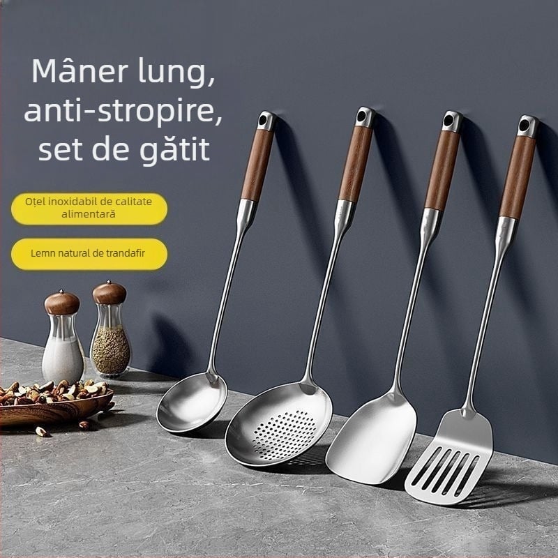 Spatulă din oțel inoxidabil cu mâner din lemn, set de ustensile de bucătărie: spatulă și lingură de supă