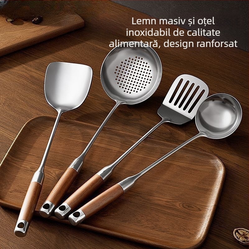 Spatulă din oțel inoxidabil cu mâner din lemn, set de ustensile de bucătărie: spatulă și lingură de supă