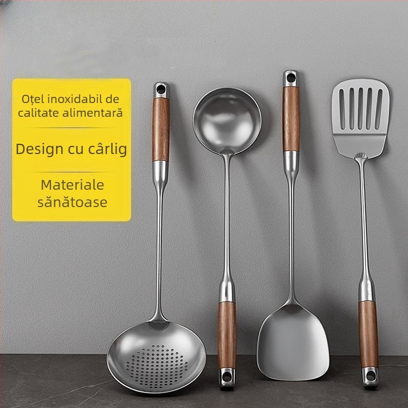Spatulă din oțel inoxidabil cu mâner din lemn, set de ustensile de bucătărie: spatulă și lingură de supă