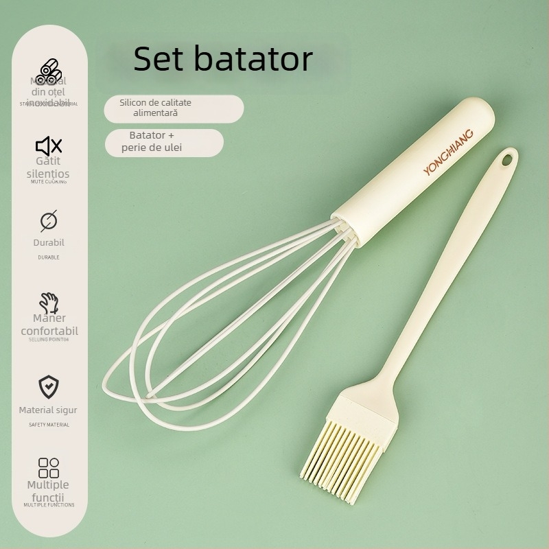 Bătător de ouă manual din silicon și oțel inoxidabil, calitate alimentară, pentru smântână și coacere în bucătărie
