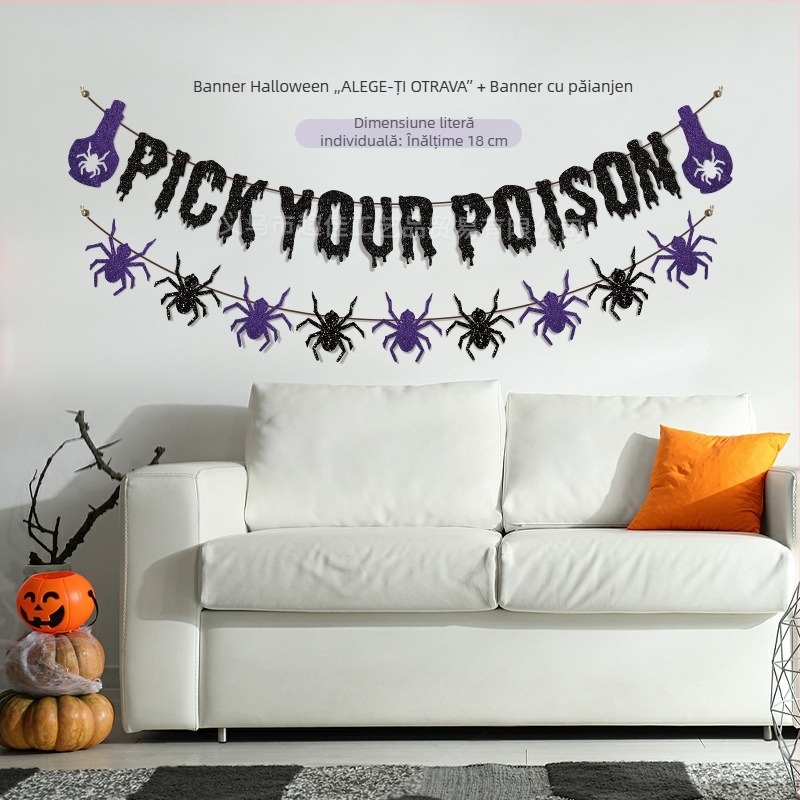 Banner de Halloween pentru petrecere, cu fantomă, păianjen și vrăjitoare – steaguri din hârtie, negre