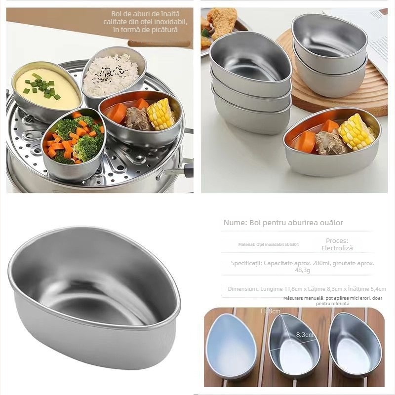 Nou set mic de tăvi de abur în formă de ou, cutie de abur – set complet pentru aburirea orezului în bucătăria de acasă, din oțel inox, cu boluri de abur și grilă de abur