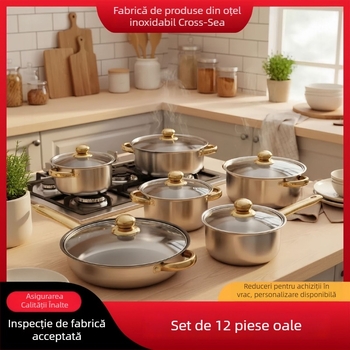 Set de 10 oale din oțel inoxidabil cu capace din sticlă, cu suprafață antiaderentă, include oală de lapte