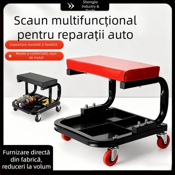 Scaun universal pentru reparații auto cu tavă pentru unelte, scaun de depozitare multifuncțional, scaun mobil pentru reparații auto, roți pivotante la 360°, scaun de unelte în formă de U, scaun pătrat