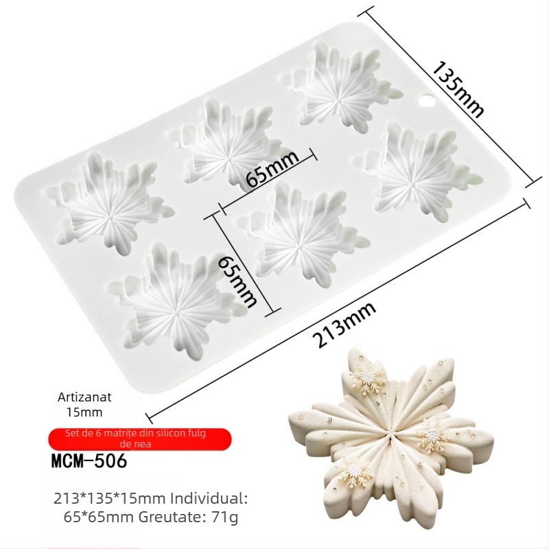 Formă din silicon pentru mousse cu 6 cavități, în formă de fulg de zăpadă, pentru ciocolată și decorarea prăjiturilor