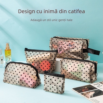 Geantă de machiaj din plasă, design inimă velur, capacitate mare, geantă cosmetică portabilă pentru călătorii