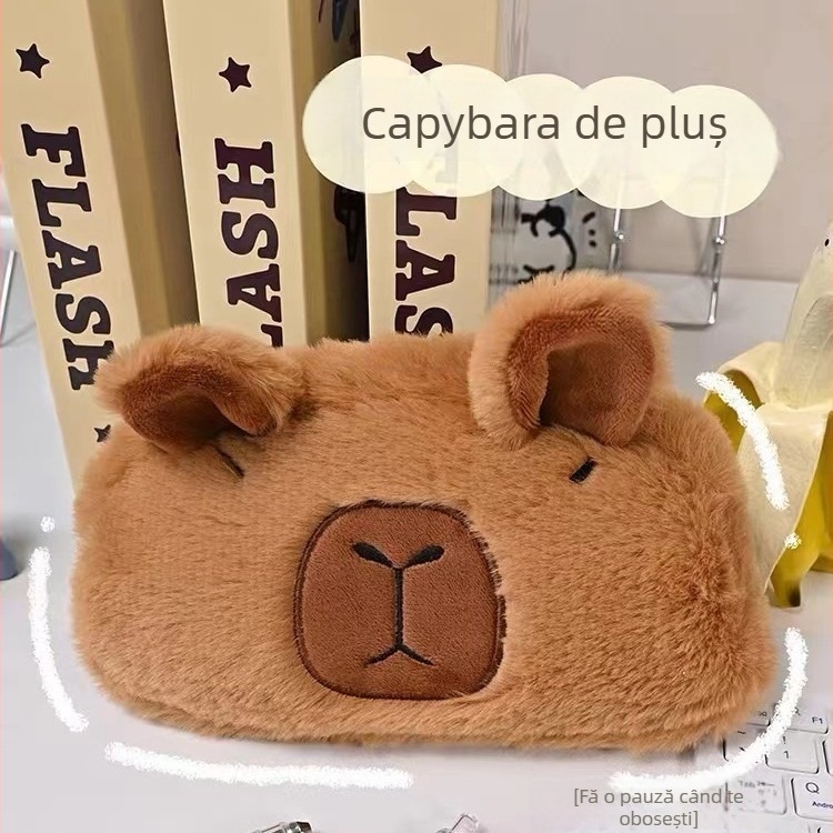 Geantă pluș pentru pixuri cu capybara, geantă de cosmetică cu capacitate mare, rezistentă la pete și amuzantă