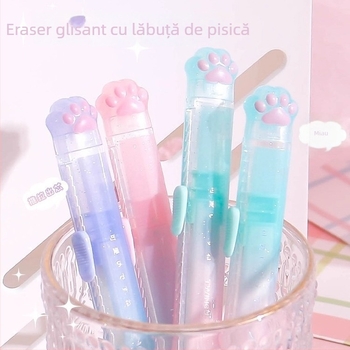 Guma de șters în formă de labă de pisică, culoare gradient, mecanism push-pull, cadou pentru copii