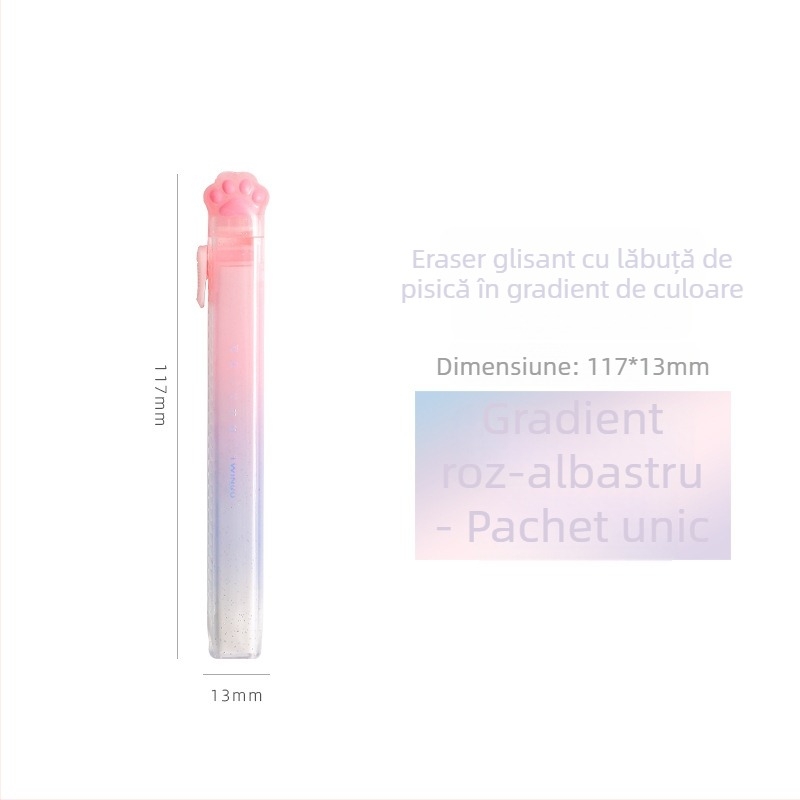 Guma de șters în formă de labă de pisică, culoare gradient, mecanism push-pull, cadou pentru copii